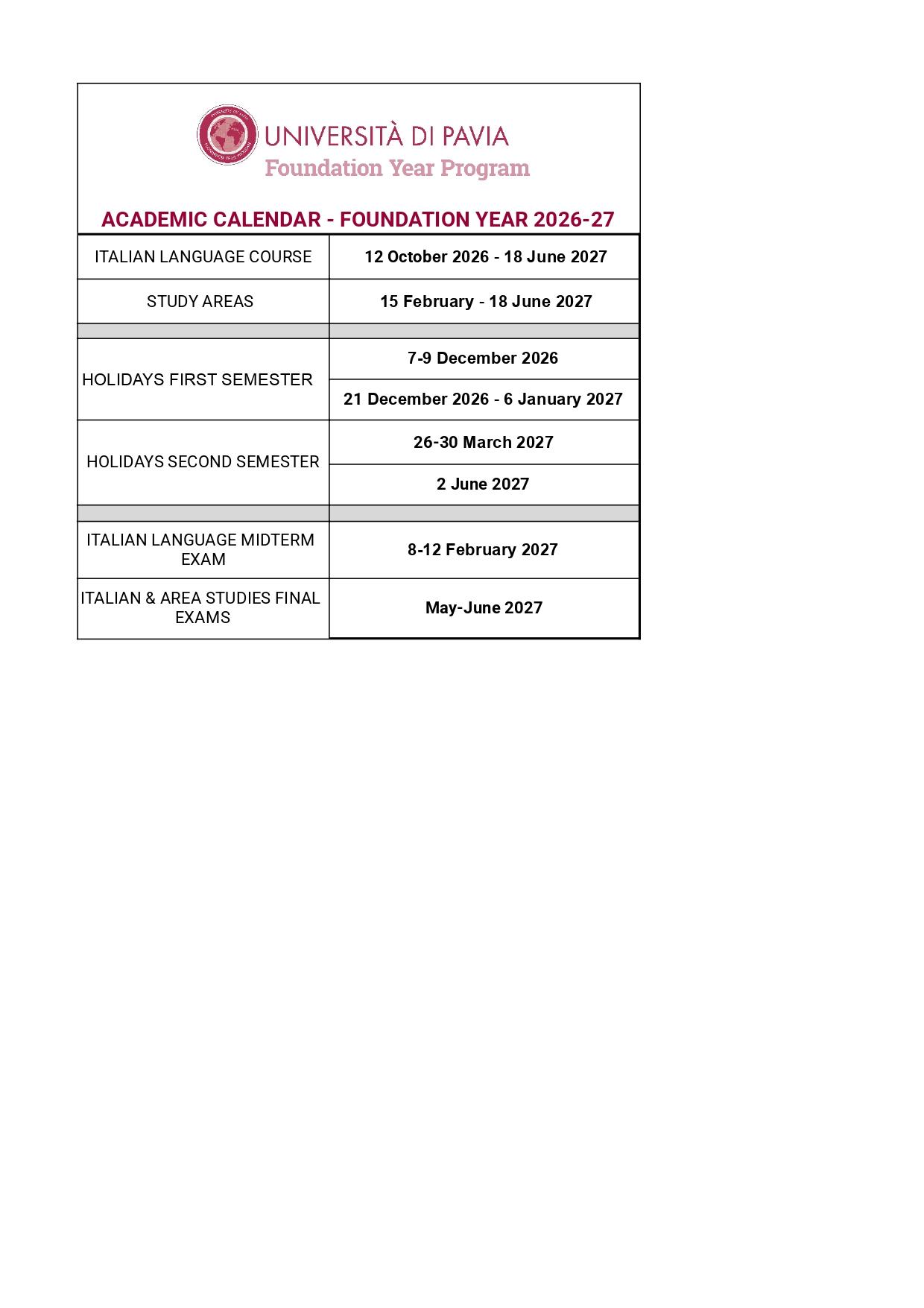 Academic calendar FY 2026- 2027